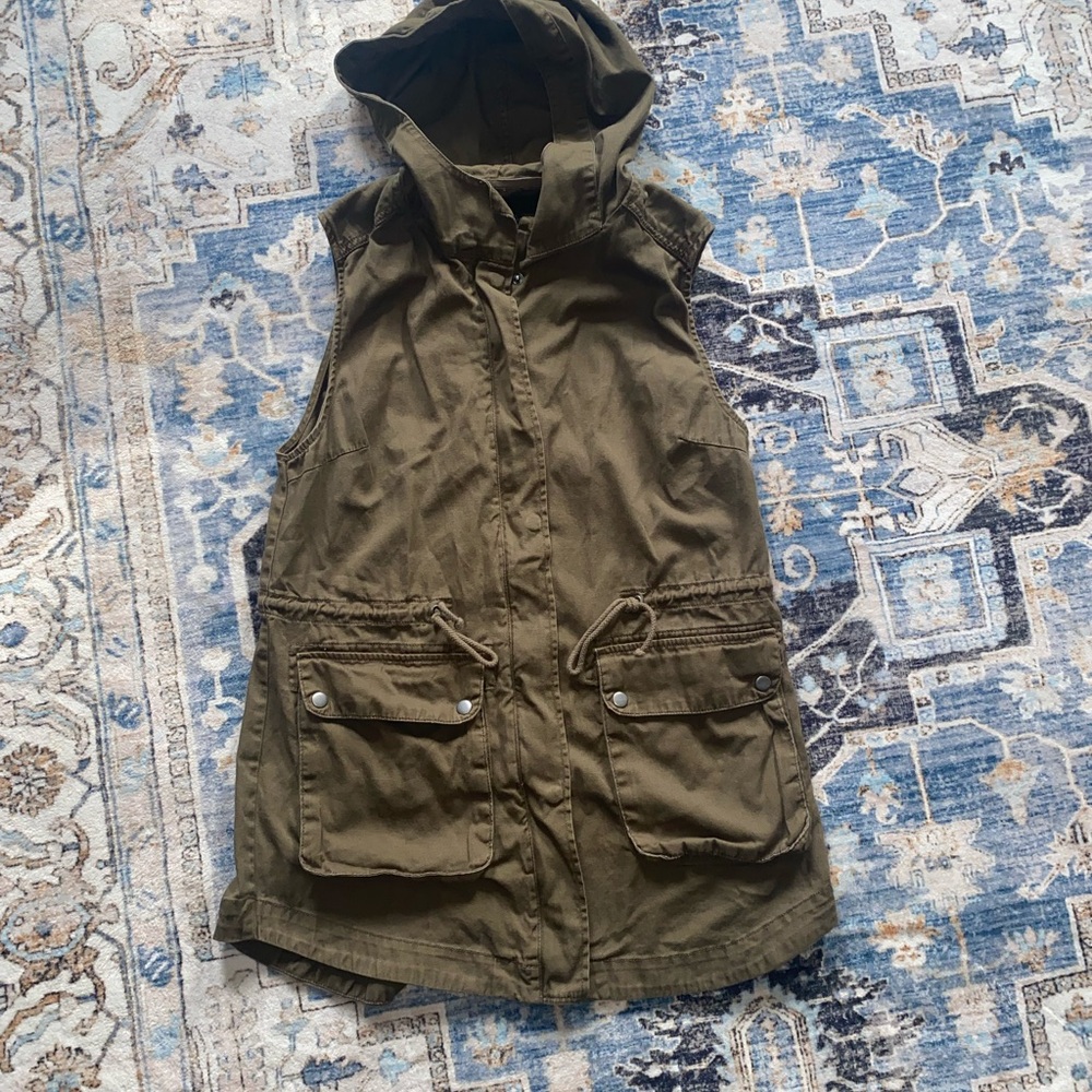 Be Cool Military Style Olive Green Hooded Zip-up Sleeveless Utility Vest Large
